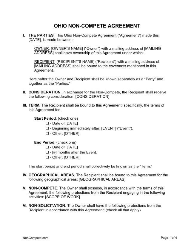Free Ohio Non Compete Agreement Laws Enforceability PDF WORD RTF